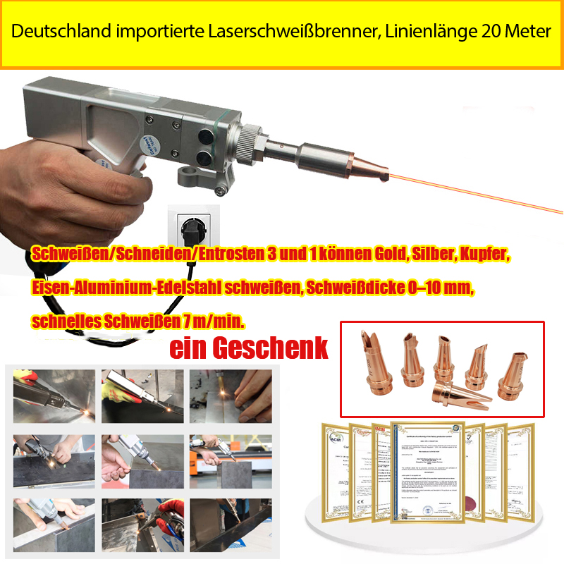 Multifunktions-Laserbrenner 7000 W (für das Schweißen von Gold/Silber/Kupfer/Eisen/Aluminium/Edelstahl) mit einer Schweißdickenbereich von 0-20 mm (3-in-1 - Schweißen/Schneiden/Entfernen von Schuppen)+Laserkopf *6