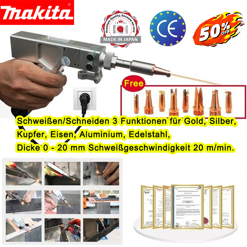 Multifunktionaler 7000 W Laserbrenner (zum Schweißen von Gold/Silber/Kupfer/Eisen/Aluminium/Edelmetallen) für Materialstärken von 0-25 mm (3 in 1 - Schweißen/Schneiden/Desoxidieren) + 8 Laserköpfe.