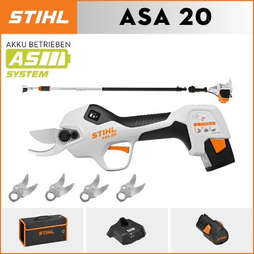 【STIHL】 ASA20*1, Lithiumbatterie*1, Aufbewahrungsbox*1, Schneidkopf*5, Ladegerät*1, Teleskopständer*1