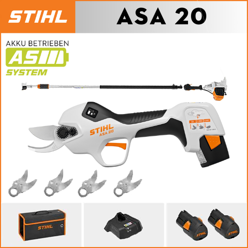 【STIHL】 ASA20*1, Lithiumbatterie*2, Aufbewahrungsbox*1, Schneidkopf*5, Ladegerät*1, Teleskopstange*1